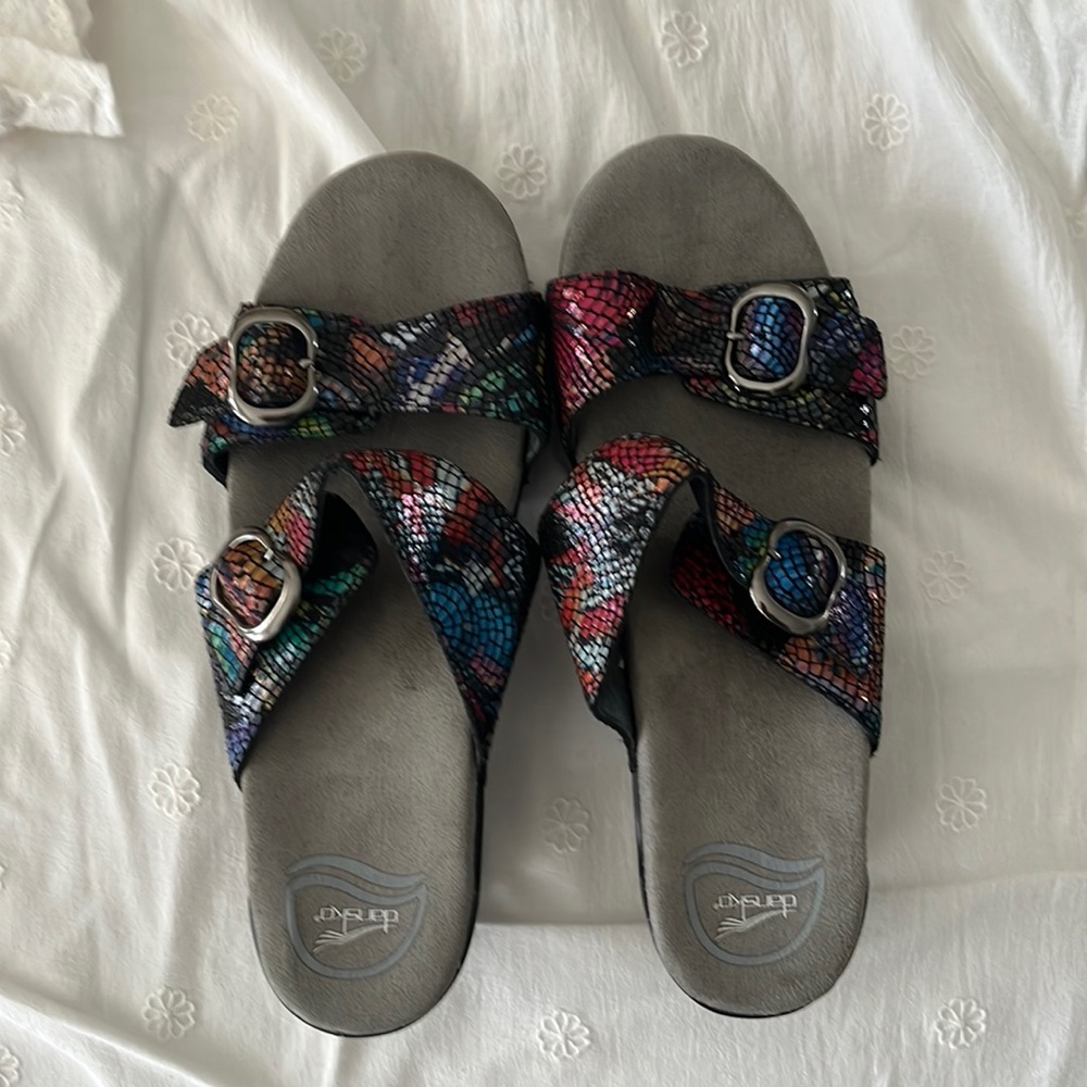 Dansko Glitter Rainbow Two Strap Slides 39/ 8.5 EUC